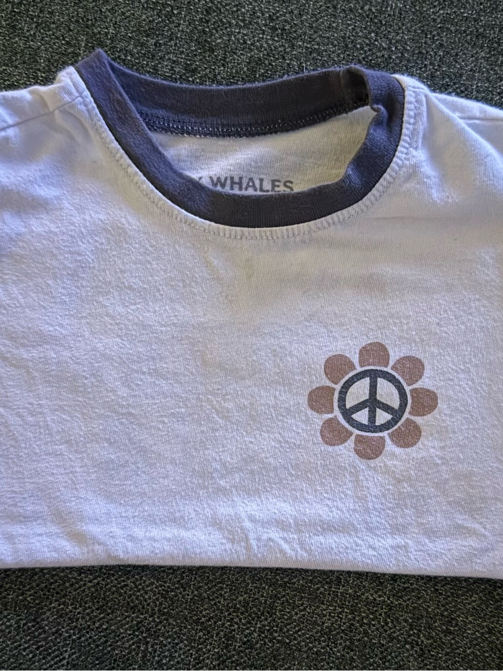 Kids White Ringer Tee with Navy Trim and Brown Peace Flower Graphic